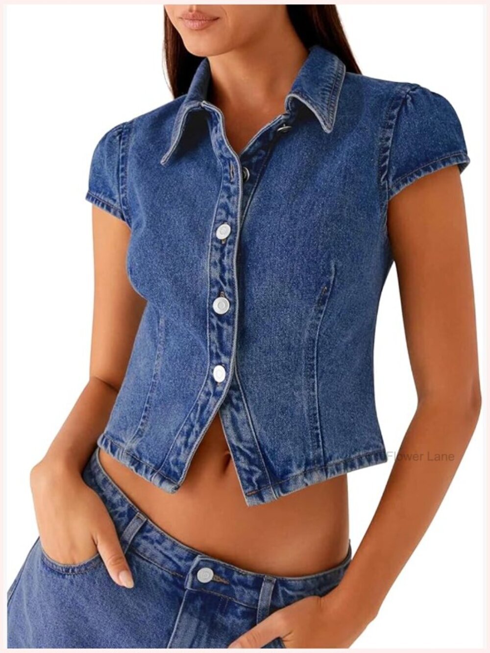 Cropped Denim Shirt Women Button Down Short Sleeve Collared Top Casual Fitted